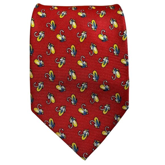 Cape Cod Neckwear 100% Silk Tie Red Fly Fishing Fly Lure Yellow Blue Flies - Picture 2 of 10